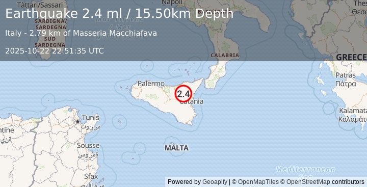 Earthquake SICILY, ITALY (2.4 ml) (2025-10-22 22:51:35 UTC)