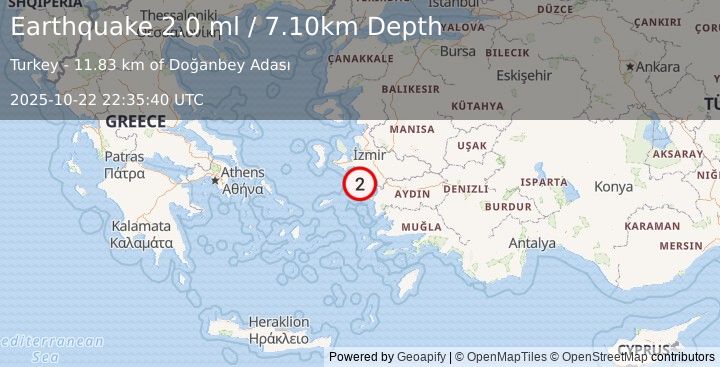Earthquake DODECANESE ISLANDS, GREECE (2.0 ml) (2025-10-22 22:35:39 UTC)