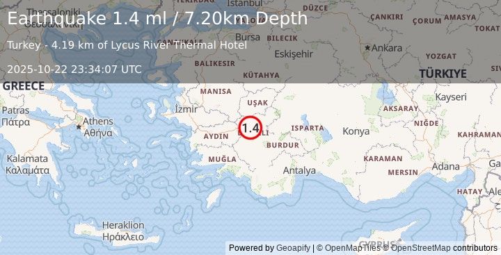 Earthquake WESTERN TURKEY (1.4 ml) (2025-10-22 23:34:07 UTC)
