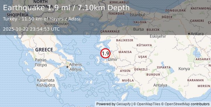 Earthquake NEAR THE COAST OF WESTERN TURKEY (1.9 ml) (2025-10-22 23:54:52 UTC)