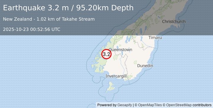 Earthquake SOUTH ISLAND OF NEW ZEALAND (3.2 m) (2025-10-23 00:52:56 UTC)