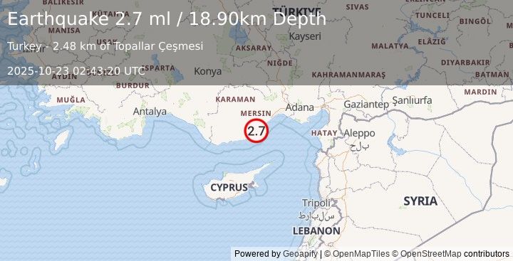 Earthquake CENTRAL TURKEY (2.7 ml) (2025-10-23 02:43:19 UTC)
