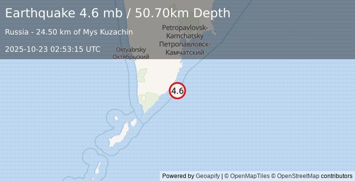 Earthquake NEAR EAST COAST OF KAMCHATKA (4.6 mb) (2025-10-23 02:53:15 UTC)
