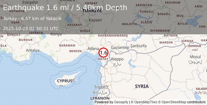 Earthquake TURKEY-SYRIA BORDER REGION (1.6 ml) (2025-10-23 02:50:31 UTC)
