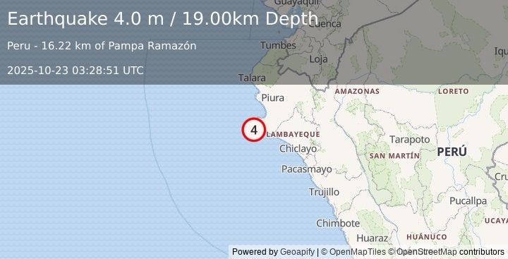 Earthquake NEAR COAST OF NORTHERN PERU (4.0 m) (2025-10-23 03:28:51 UTC)
