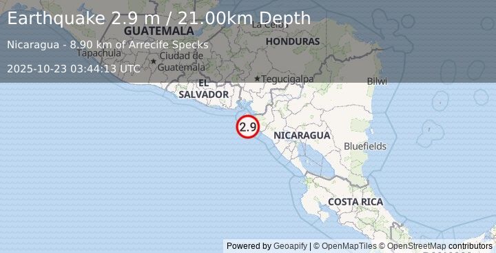Earthquake NEAR COAST OF NICARAGUA (2.9 m) (2025-10-23 03:44:13 UTC)