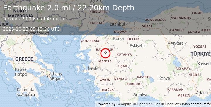 Earthquake WESTERN TURKEY (1.9 ml) (2025-10-23 05:13:26 UTC)