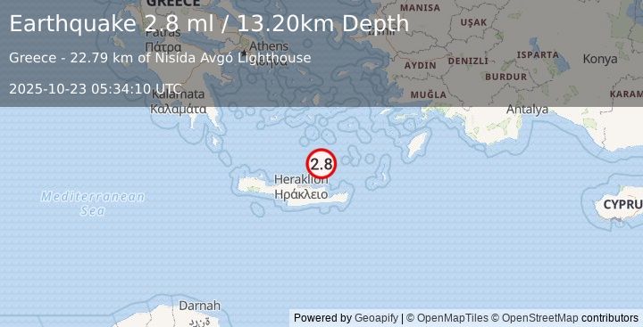 Earthquake CRETE, GREECE (2.8 ml) (2025-10-23 05:34:10 UTC)