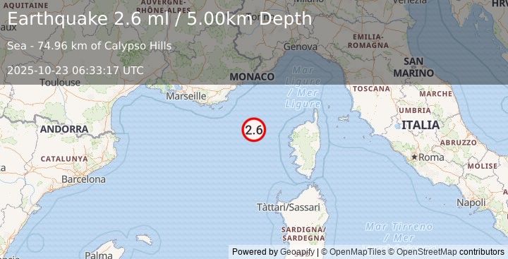 Earthquake WESTERN MEDITERRANEAN SEA (2.6 ml) (2025-10-23 06:33:17 UTC)