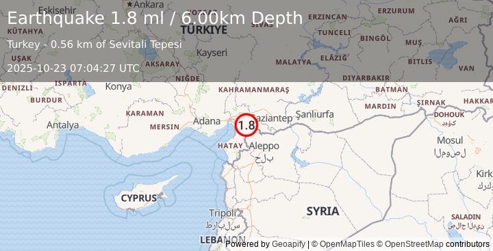 Earthquake TURKEY-SYRIA BORDER REGION (1.8 ml) (2025-10-23 07:04:27 UTC)