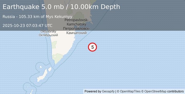 Earthquake OFF EAST COAST OF KAMCHATKA (4.6 mb) (2025-10-23 07:03:49 UTC)