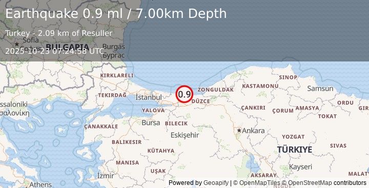 Earthquake WESTERN TURKEY (0.9 ml) (2025-10-23 07:24:58 UTC)
