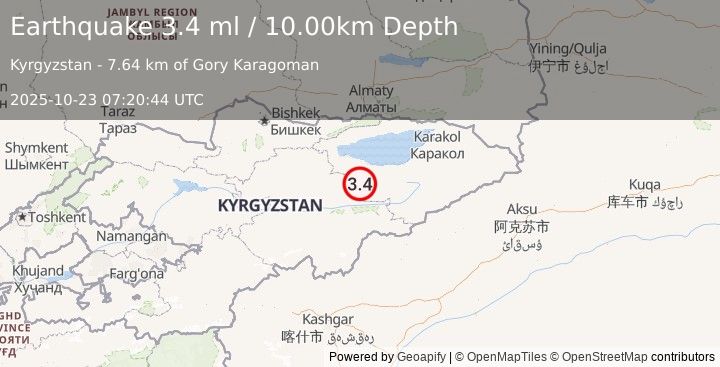 Earthquake KYRGYZSTAN (3.4 ml) (2025-10-23 07:20:44 UTC)