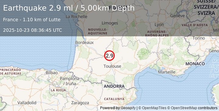 Earthquake PYRENEES (2.5 ml) (2025-10-23 08:37:11 UTC)