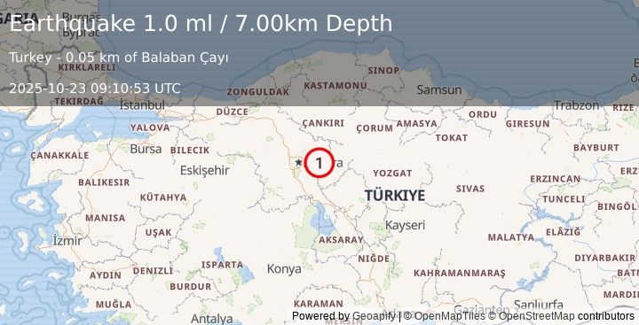Earthquake CENTRAL TURKEY (1.0 ml) (2025-10-23 09:10:53 UTC)
