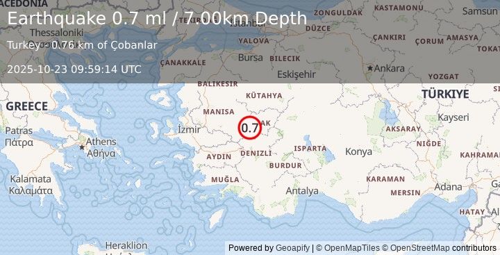 Earthquake WESTERN TURKEY (0.7 ml) (2025-10-23 09:59:14 UTC)