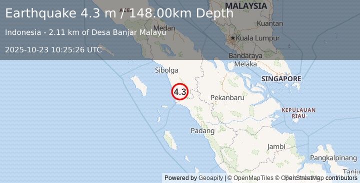 Earthquake NORTHERN SUMATRA, INDONESIA (4.3 m) (2025-10-23 10:25:26 UTC)