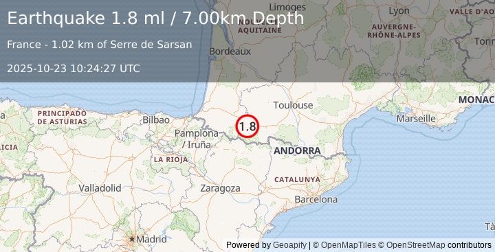 Earthquake PYRENEES (1.8 ml) (2025-10-23 10:24:27 UTC)