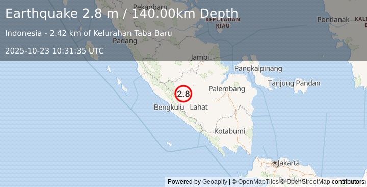 Earthquake SOUTHERN SUMATRA, INDONESIA (2.8 m) (2025-10-23 10:31:35 UTC)