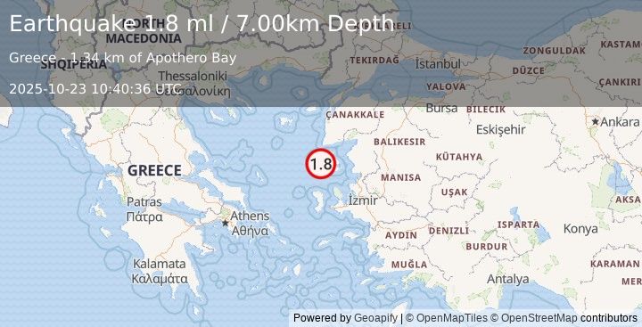 Earthquake NEAR THE COAST OF WESTERN TURKEY (1.8 ml) (2025-10-23 10:40:36 UTC)
