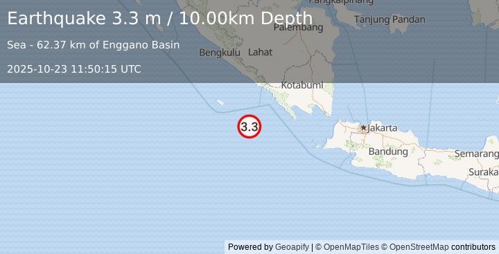 Earthquake SOUTHWEST OF SUMATRA, INDONESIA (3.3 m) (2025-10-23 11:50:15 UTC)