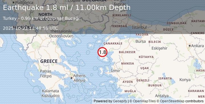Earthquake NEAR THE COAST OF WESTERN TURKEY (1.8 ml) (2025-10-23 11:48:56 UTC)