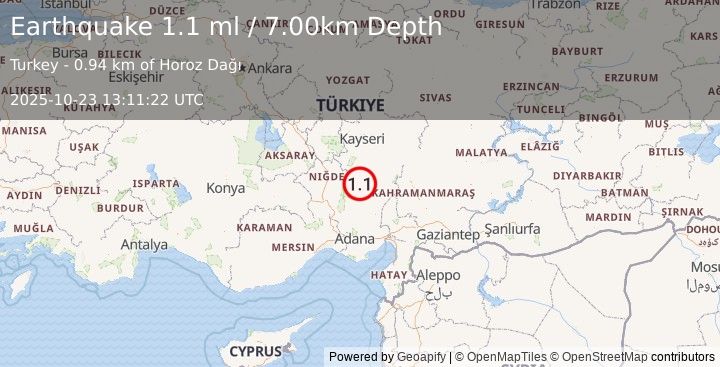 Earthquake CENTRAL TURKEY (1.1 ml) (2025-10-23 13:11:22 UTC)