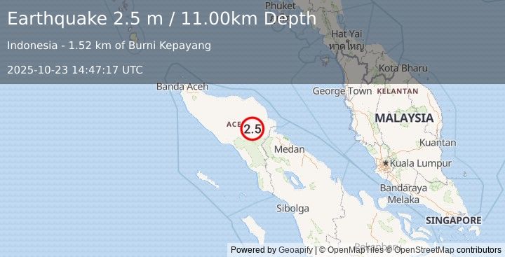 Earthquake NORTHERN SUMATRA, INDONESIA (2.5 m) (2025-10-23 14:47:17 UTC)