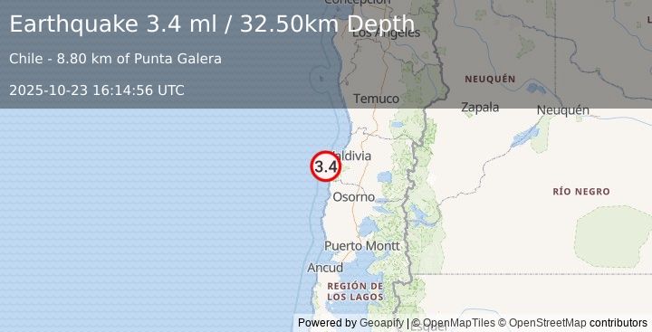 Earthquake OFFSHORE LOS LAGOS, CHILE (3.4 ml) (2025-10-23 16:14:56 UTC)