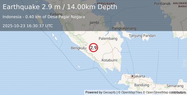 Earthquake SOUTHERN SUMATRA, INDONESIA (2.9 m) (2025-10-23 16:30:37 UTC)