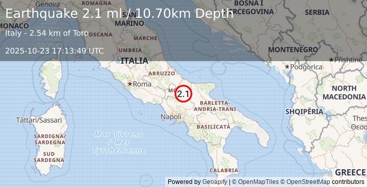 Earthquake SOUTHERN ITALY (2.1 ml) (2025-10-23 17:13:49 UTC)