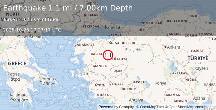 Earthquake WESTERN TURKEY (1.1 ml) (2025-10-23 17:27:15 UTC)