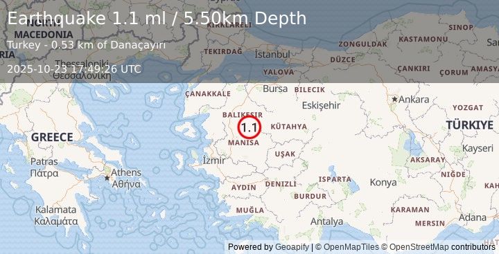Earthquake WESTERN TURKEY (1.1 ml) (2025-10-23 17:49:26 UTC)