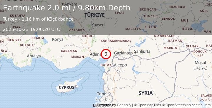 Earthquake TURKEY-SYRIA BORDER REGION (2.0 ml) (2025-10-23 19:00:20 UTC)