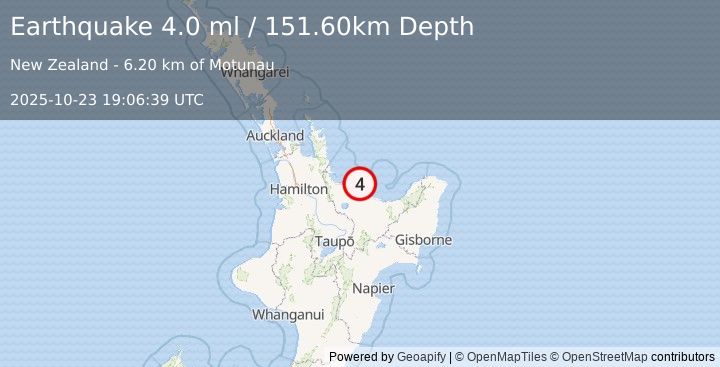 Earthquake NORTH ISLAND OF NEW ZEALAND (4.0 ml) (2025-10-23 19:06:39 UTC)