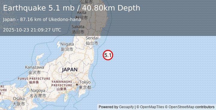 Earthquake OFF EAST COAST OF HONSHU, JAPAN (5.1 mb) (2025-10-23 21:09:27 UTC)