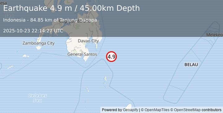 Earthquake PHILIPPINE ISLANDS REGION (4.9 m) (2025-10-23 22:14:27 UTC)