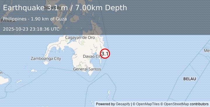 Earthquake MINDANAO, PHILIPPINES (3.1 m) (2025-10-23 23:18:36 UTC)