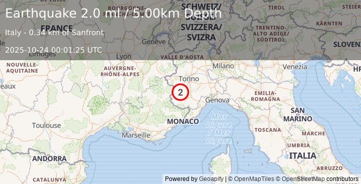 Earthquake NORTHERN ITALY (2.0 ml) (2025-10-24 00:01:25 UTC)
