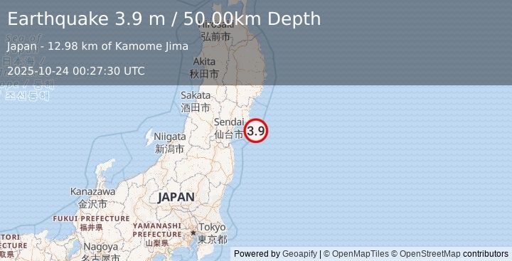 Earthquake NEAR EAST COAST OF HONSHU, JAPAN (3.9 m) (2025-10-24 00:27:30 UTC)