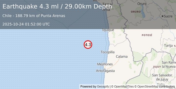 Earthquake OFF COAST OF ANTOFAGASTA, CHILE (3.6 ml) (2025-10-24 01:52:03 UTC)