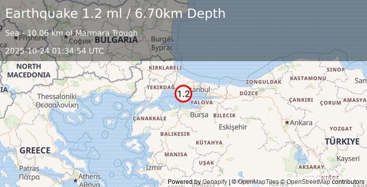 Earthquake WESTERN TURKEY (1.2 ml) (2025-10-24 01:34:54 UTC)