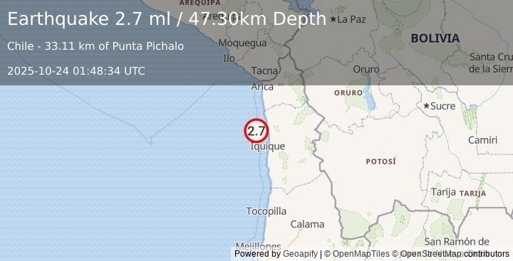 Earthquake OFFSHORE TARAPACA, CHILE (2.7 ml) (2025-10-24 01:48:34 UTC)