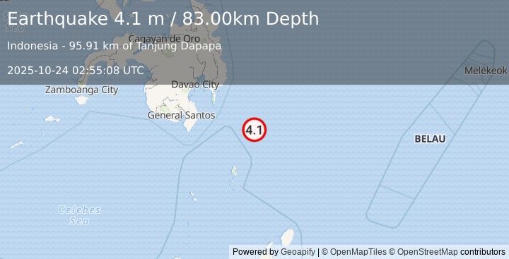 Earthquake PHILIPPINE ISLANDS REGION (4.1 m) (2025-10-24 02:55:08 UTC)