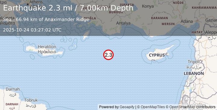 Earthquake EASTERN MEDITERRANEAN SEA (2.3 ml) (2025-10-24 03:27:02 UTC)