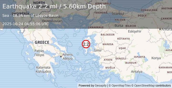 Earthquake NEAR THE COAST OF WESTERN TURKEY (2.2 ml) (2025-10-24 04:55:06 UTC)