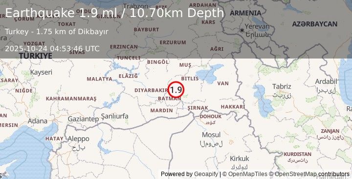 Earthquake EASTERN TURKEY (1.9 ml) (2025-10-24 04:53:46 UTC)