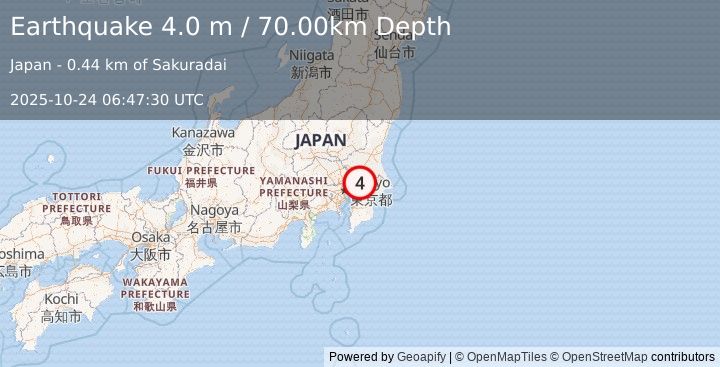 Earthquake NEAR EAST COAST OF HONSHU, JAPAN (4.0 m) (2025-10-24 06:47:24 UTC)