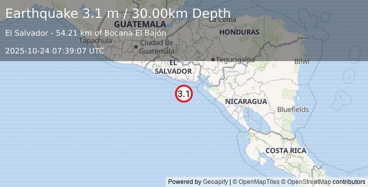 Earthquake OFFSHORE EL SALVADOR (3.1 m) (2025-10-24 07:39:07 UTC)