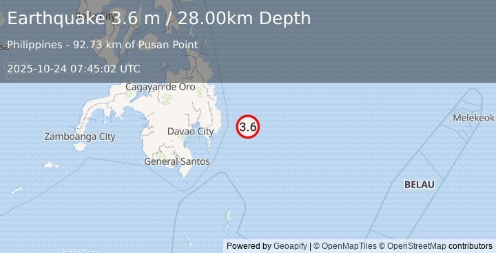 Earthquake PHILIPPINE ISLANDS REGION (3.6 m) (2025-10-24 07:45:02 UTC)